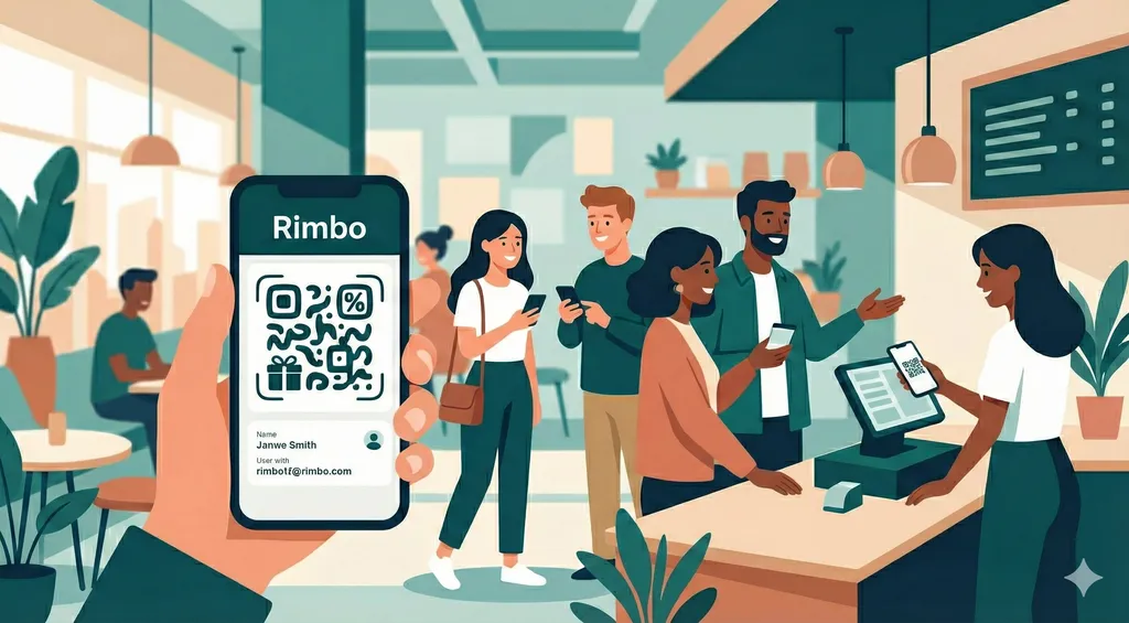 Rimbo loyalty experience — customers scanning QR codes in a cafe